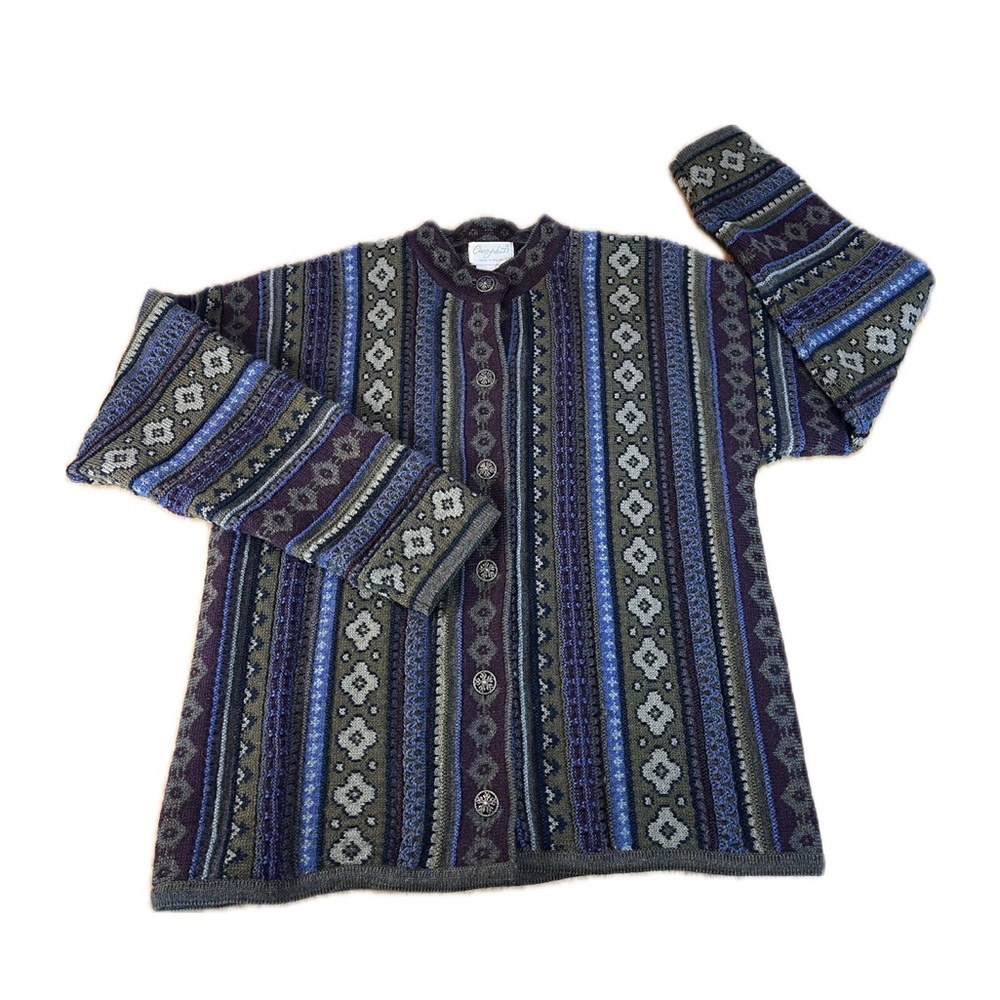 Cherry Lewis England 100% Wool Cardigan Sweater Women's Size M Tapestry Damask